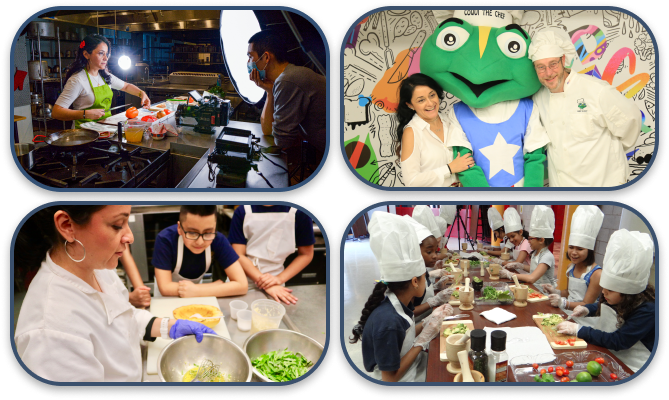 A kids cooking party led by Tania Lopez with children engaged in various cooking activities, learning, and having fun.