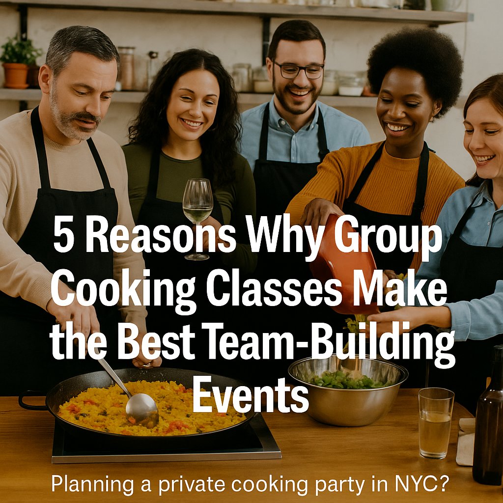 Diverse group of coworkers participating in a team-building cooking class in NYC, smiling and cooking together in a modern kitchen.