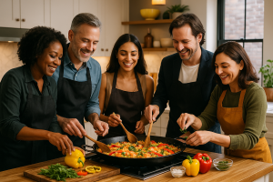 Five diverse adults laughing and cooking together in a modern kitchen during a private group cooking class in NYC.